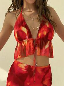 Aloruh Women's Tie-Dye Ruffle Hem Halter Top And Mini Skirt Sexy 2 Pieces Set, Vacation - White - View 6