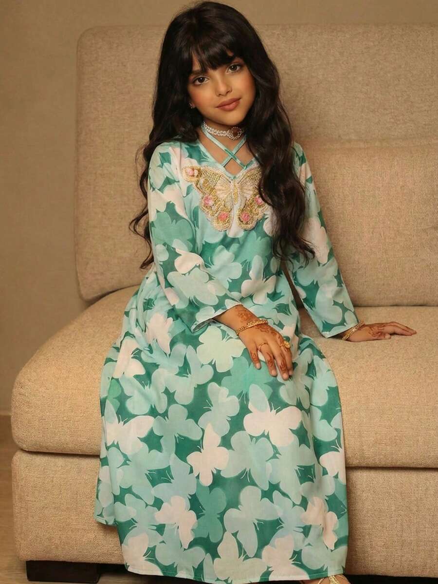 SHEIN 少女休闲日常度假系带绿色碎花连衣裙 - 綠色 - 查看 1