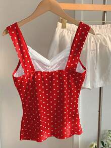 SHEIN EZwear 红色波点蕾丝针织吊带背心，春夏款 - 紅色 - 查看 3