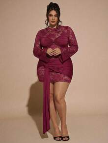 SHEIN BAE Rochie de damă Plus Size, culoare solidă, dantelă, model patchwork, mulată - Burgundia - Vizualizare 4
