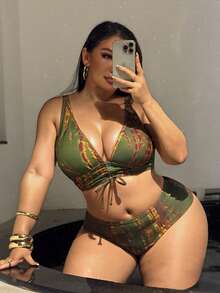 Swim SXY Conjunto de bikini con estampado de teñido anudado 2026, adecuado para vacaciones en la playa, talla grande - Multicolor - Ver 6