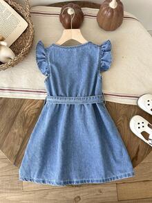 LMoss Kids Vestido suelto de niña joven de mezclilla azul con cinturón - Lavado ligero - Ver 2