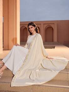 Graceveil Women's Elegant Floral Embroidery Splice Batwing Sleeve Loose Arabic Abaya Robe - Apricot - View 6