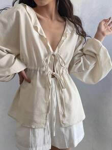 DAZY Women's Solid Color Deep V-Neck Tie Front Lantern Sleeve Long Shirt, Fashionable & Versatile - White - View 1