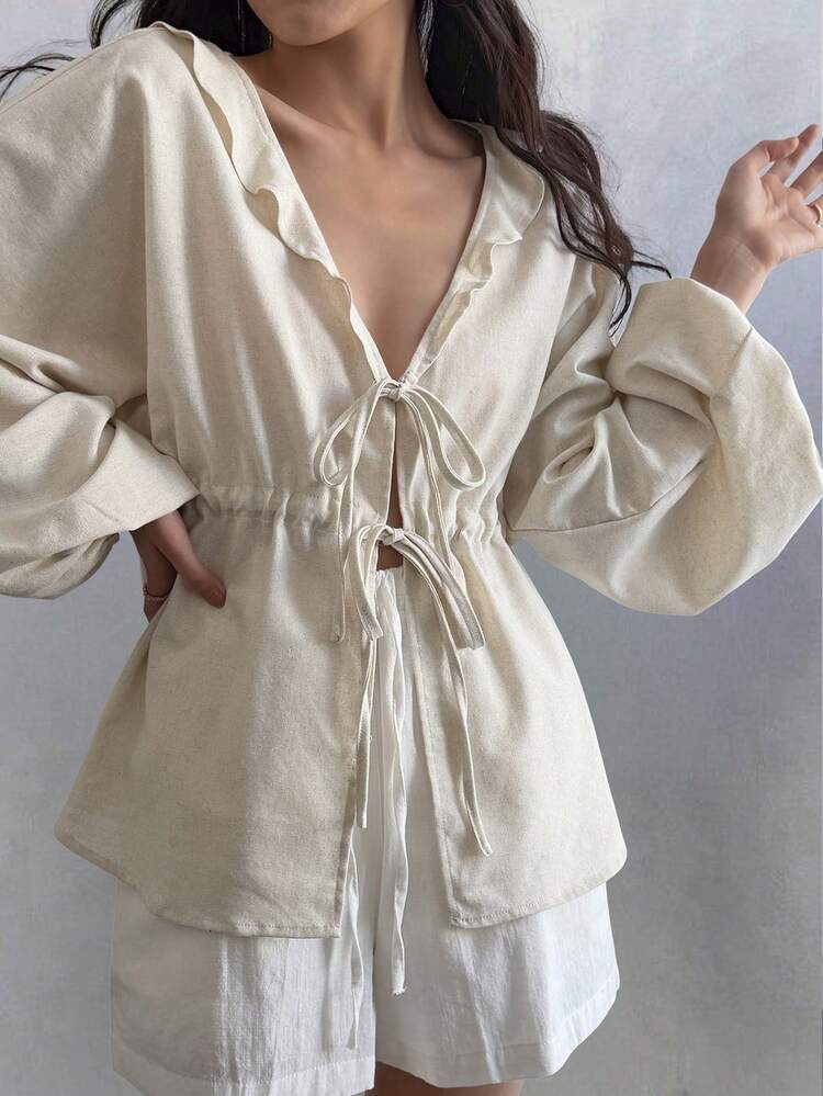 Women's Solid Color Deep V-Neck Tie Front Lantern Sleeve Long Shirt, Fashionable & Versatile