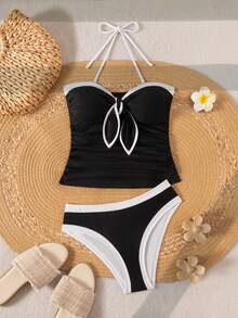 Swim Chiccia Swim Chic Sea Plain Swimwear For Women, Bow Accent Contrast Color With Detachable Halter Strap - Black and White - View 4