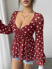 Rafferiza Elegant Sexy U-Neck Twist Front Long Sleeve Mesh Floral Print Blouse, Spring/Summer, Red & White - Red and White - View 7