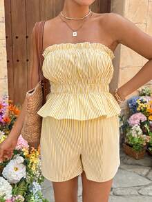 SHEIN Set de top bandeau con volantes y shorts de cintura ajustable a rayas para maternidad - Amarillo - Ver 4