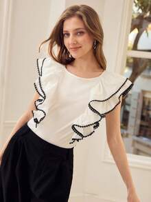 MOTF PREMIUM 女士荷叶边短袖T恤，春夏时尚上衣 - 白色 - 查看 4