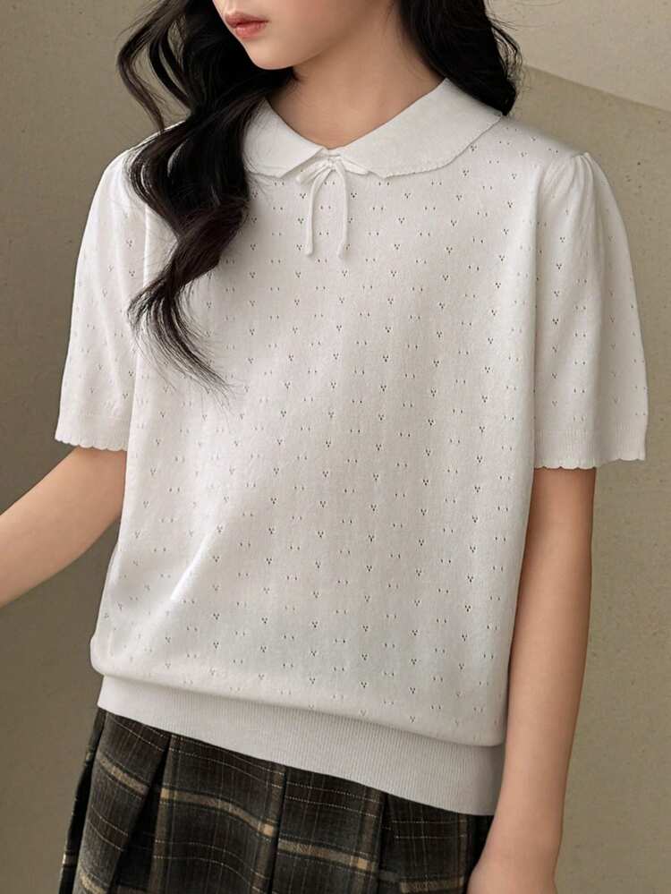 Tween Girls' Casual Solid Color Short Sleeve Mesh Knit Top