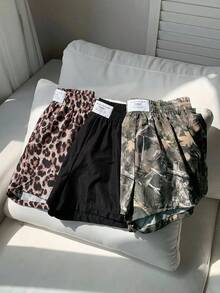 Comfortcana 3件套女士夏季休闲时尚街头通勤短裤，饰有贴布装饰，纯色、豹纹和满版树木印花宽松短裤 - 彩色 - 查看 5