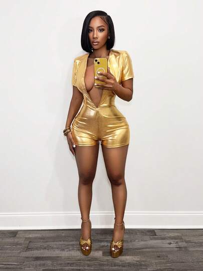 SHEIN BamGlam The Lady's New Sexy Short-Sleeved, Deep V-Neck PU Leather Coated Stretchy One-Piece Pants And Shorts Are Suitable For Music Festivals, Bars, Party Gatherings, Etc.