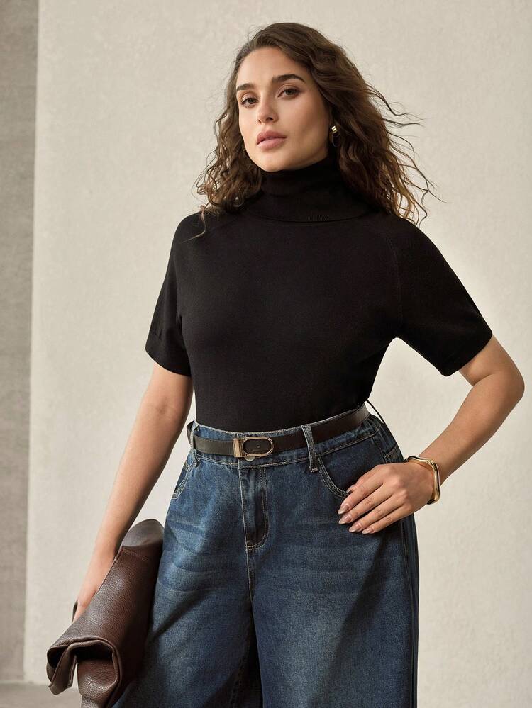 PLUS SIZE WOMEN'S CASUAL EVERYDAY COMMUTE SIMPLE SOLID COLOR TURTLENECK SHORT SLEEVE FITTED BLACK KNIT TOP, SPRING/AUTUMN