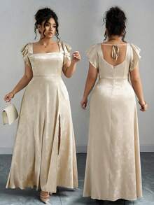 Elenzga 大码女式方领荷叶袖开衩长裙，绿色提花亮面面料，通勤、日常、伴娘、舞会、毕业典礼、休闲外出等场合皆宜，舒适时尚。 - 香檳色 - 查看 1