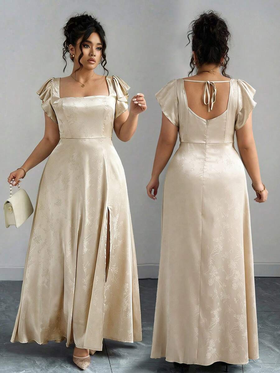 Elenzga 大码女式方领荷叶袖开衩长裙，绿色提花亮面面料，通勤、日常、伴娘、舞会、毕业典礼、休闲外出等场合皆宜，舒适时尚。 - 香檳色 - 查看 1