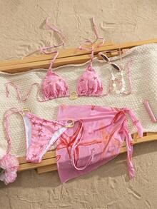 Swim Vcay 2026 Spring/Summer New Mesh Starry Print Triangle Halter Women Beach Vacation Swimsuit Set - Pink - View 1