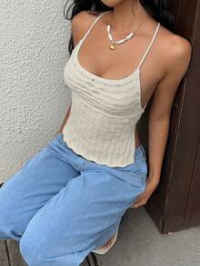 SHEIN Unity 时尚镂空度假风针织上衣 - 卡其色 - 查看 6