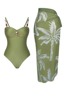 Swim Oasis Women's New Solid Color Special Fabric Beaded Backless One-Piece Swimsuit With Coconut Tree Net Skirt High-End 2 Pieces Set, Spring/Summer Resort Wear Women Sage Dress Sage Green Top Corset Top Dress Olive Green Bridesmaid Dress - Green - View 6