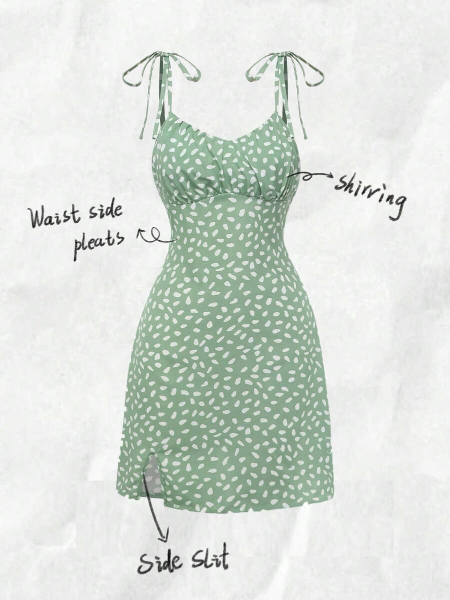 Olithes Vestido de tirantes con busto fruncido con estampado total, atuendo de playa de vacaciones para mujeres - Verde - Ver 1