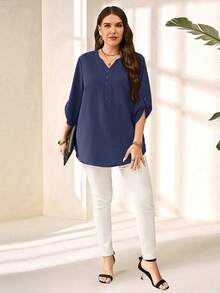 Miaspire Blusa de verano casual de unicolor azul de manga 3/4 para mujer de talla grande, ideal para primavera temprana, verano, vacaciones, vacaciones de primavera, vacaciones, salidas, nueva colección 2026, simple y de moda para uso diario, blusas de cuello en V para mujeres - Azul - Ver 6