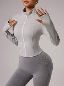 Dewbera Women's Stitch Detail Stand Collar Zip-Up Long Sleeve Shapewear Sports Jacket - Light Grey - View 4