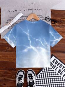 SHEIN Toddler Boys' Casual Creative Graphic Printed Short Sleeve T-Shirt, Minimalist Blue Standing Block Man & Lightning Bolt Pattern, Comfortable Daily Wear, Suitable For Spring, Summer And Autumn Graphic T Kid T Shirts For Boys Boys Graphic Tee - Multicolor - View 2