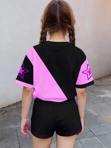 女童卡通字母印花圆领短袖T恤和短裤休闲夏季套装，适合日常穿着、户外野餐、街头风、居家、上学等场合。 - 彩色 - 查看 2