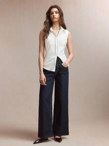 BizChic Áo sơ mi nữ không tay, cổ bẻ, cài khuy trước, một hàng cúc, màu trắng tinh khôi, kiểu dáng xuân/hè, có dây buộc ren ở eo, có thể điều chỉnh độ rộng, phù hợp cho mọi dịp, thanh lịch cho công sở và mặc hàng ngày. - trắng - Xem 5