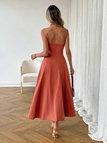 SHEIN LUNE 女士休闲纯色无袖长连衣裙，适合春夏度假、日常通勤和时尚穿着。 - 紅木色 - 查看 2