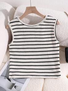 SHEIN Áo tank top dệt kim kẻ sọc đen trắng cho nữ tuổi teen, kiểu dáng rộng rãi, dễ phối đồ, màu đen trắng cổ điển. - Đen và trắng - Xem 2