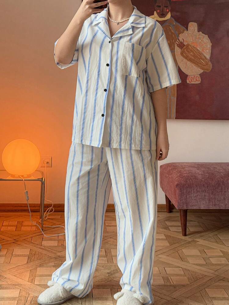 Dazy Plus 2pcs/Set Casual Striped Pajama Set, Loose Short Sleeve Top And Straight Leg Pants, Plus Size Women Spring/Autumn Sleepwear