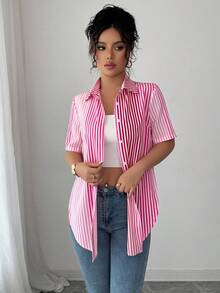 Elenzga 女士条纹简约休闲短袖衬衫 - 彩色 - 查看 3