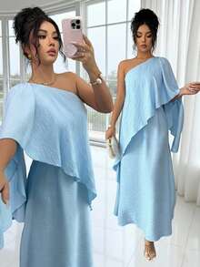 Rafferiza Women's Elegant Fashion New Asymmetric Long Dress, Summer One Sleeve Dress Summer Dress Curve Dress Light Blue Dress One Shoulder Dress - Baby Blue - View 1