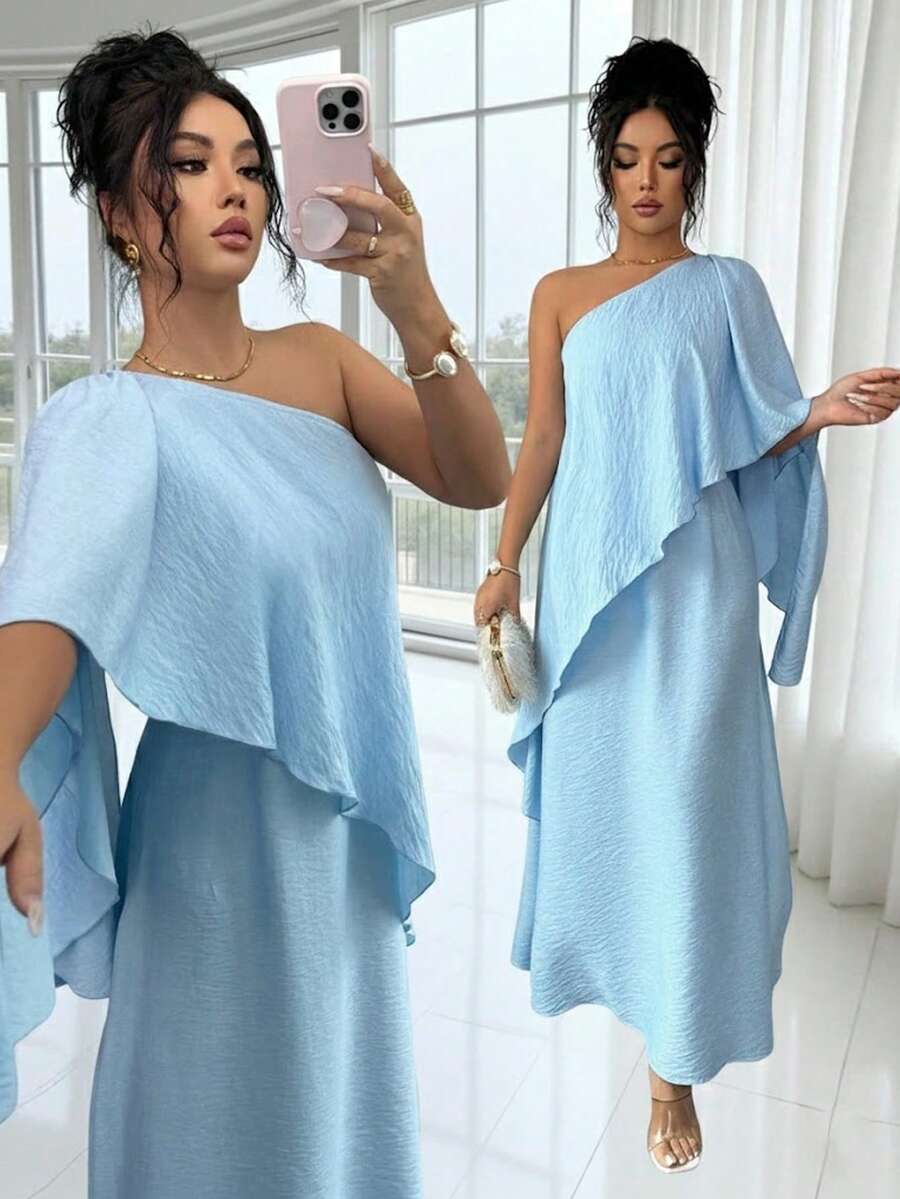 Rafferiza Women's Elegant Fashion New Asymmetric Long Dress, Summer One Sleeve Dress Summer Dress Curve Dress Light Blue Dress One Shoulder Dress - Baby Blue - View 1