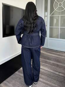 Dazy Plus Bộ đồ denim 2 mảnh dành cho nữ cỡ lớn, áo denim dài tay dáng rộng và quần jeans ống đứng, thích hợp cho mùa xuân/thu. - Rửa tối - Xem 2