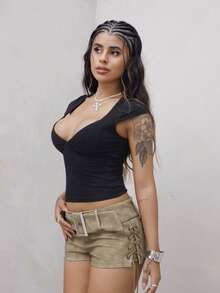 女士时尚交叉侧腰带短裤，夏季 - 軍綠色 - 查看 5