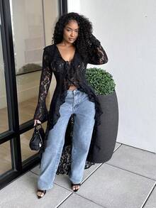 Alexandranx Glamine Spring & Summer Romantic Vacation Ruffled Elegant Lace See-Through Women's Long Thin Coat Western Wear Women Lace Coat Lace Women Halloween Lace Top Fall Winter Coat For Women, Christmas - Black - View 4