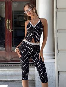 MainGRL 2pcs/Set Polka Dot Print Lace Patchwork Halter Top And 3/4 Pants - Black - View 6