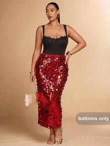 SHEIN BAE 大码女式时尚派对纯色亮片露背开衩裙 - 紅色 - 查看 5