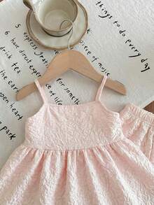 SHEIN LMoss Kids Baby Girl Summer Casual Vacation Daily Commute Solid Color Jacquard Babydoll Cami Top & Wide Leg Pants Set - Pink - View 12