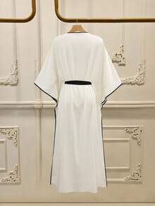 Lyxana Women's Contrast Color Short Sleeve Belted Dress - Black and White - View 2