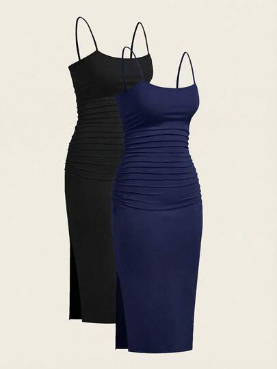 SHEIN EZwear Plus Size Women's Navy Blue & Black Summer Pleated Slit Cami Dress, Summer Dresses