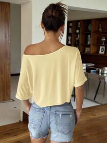 SHEIN EZwear 芥末黄针织宽松露肩超大款女式T恤 - 鵝黃色 - 查看 2