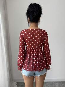 Rafferiza Elegant Sexy U-Neck Twist Front Long Sleeve Mesh Floral Print Blouse, Spring/Summer, Red & White - Red and White - View 2