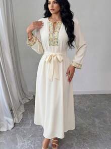 Rafferiza Women's Vintage Apricot Embroidered V-Neck Loose Long Sleeve Midi Dress, Patchwork Design, Suitable For Vacation, Daily Wear, Artistic Style, Party, Commute, Minimalist,Winter Clothes For Women,Summer,Spring,Valentine's Day ,Romance , Dating,Beach, Wedding,Birthday,Going Out,Elegant,Casual,Vacation,Graduation Season Attire Abayas Dubai Luxury Butterfly Abaya Abaya For Women Dubai Abaya Set - Apricot - View 6