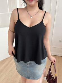 SHEIN EZwear Plus Size Casual V-Neck Camisole Basic Top Black Summer Top Low Cut Top Black Cami Top Cami Tops, Summer Tops - Black - View 4