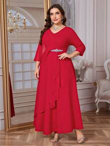 Reflora 大码女式V领腰部水钻装饰荷叶边下摆优雅收腰派对连衣裙 - 紅色 - 查看 6