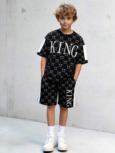 Vacaura 2pcs/Set Tween Boys' Casual Bear & Polka Dot Print Short Sleeve T-Shirt And Matching Shorts, Loose Fit Street Cool Style