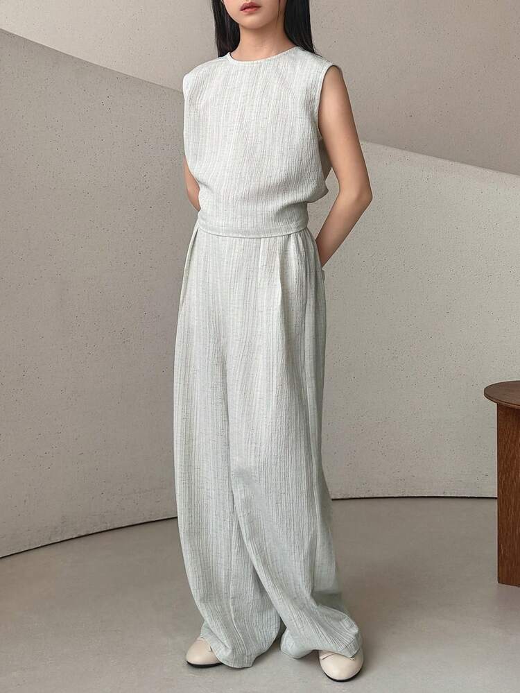 Tween Girl Solid Color Crew Neck Sleeveless Blouse And Pleated Wide Leg Pants Fashion Set Summer