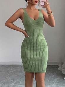 EURMUSE Solid Ribbed Knit Tank Jumper Dress - Olive Green - View 4